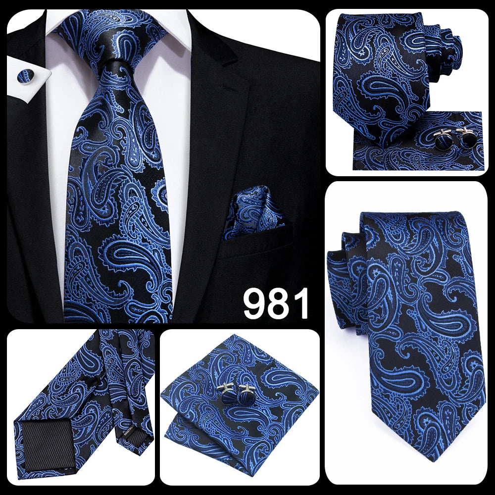 Hi-Tie Navy Blue Solid Paisley Silk Wedding Tie For Men Hanky Cufflink Mens Necktie Set Business Party New Design Dropshipping