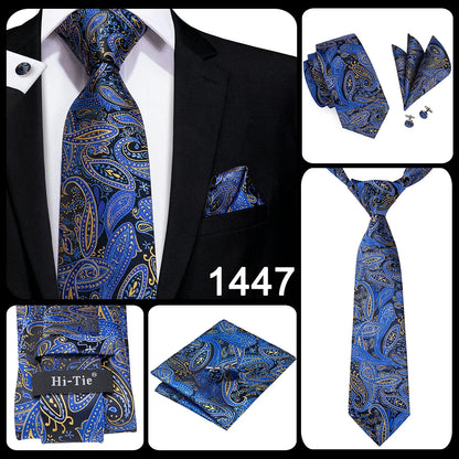 Hi-Tie Navy Blue Solid Paisley Silk Wedding Tie For Men Hanky Cufflink Mens Necktie Set Business Party New Design Dropshipping