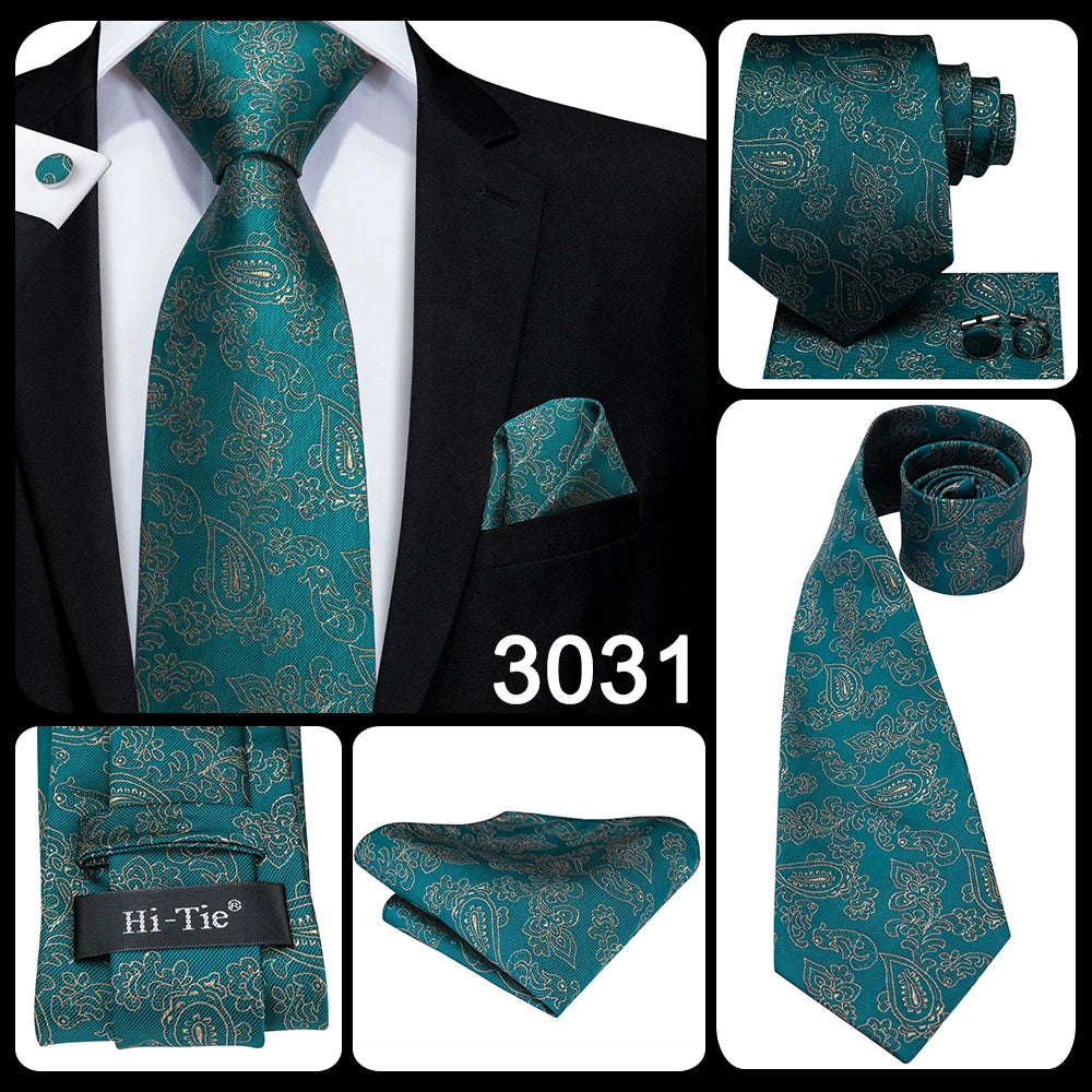 Hi-Tie Luxury Designer Peacock Blue Floral Silk Wedding Tie For Men Handky Cufflink Mens Necktie Fashion Business Party Dropship