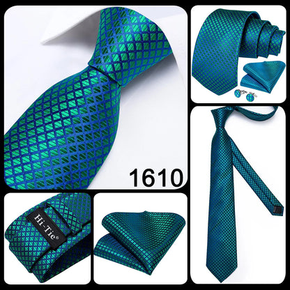 Hi-Tie Luxury Designer Peacock Blue Floral Silk Wedding Tie For Men Handky Cufflink Mens Necktie Fashion Business Party Dropship