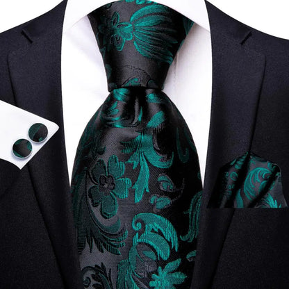 Hi-Tie Luxury Designer Peacock Blue Floral Silk Wedding Tie For Men Handky Cufflink Mens Necktie Fashion Business Party Dropship