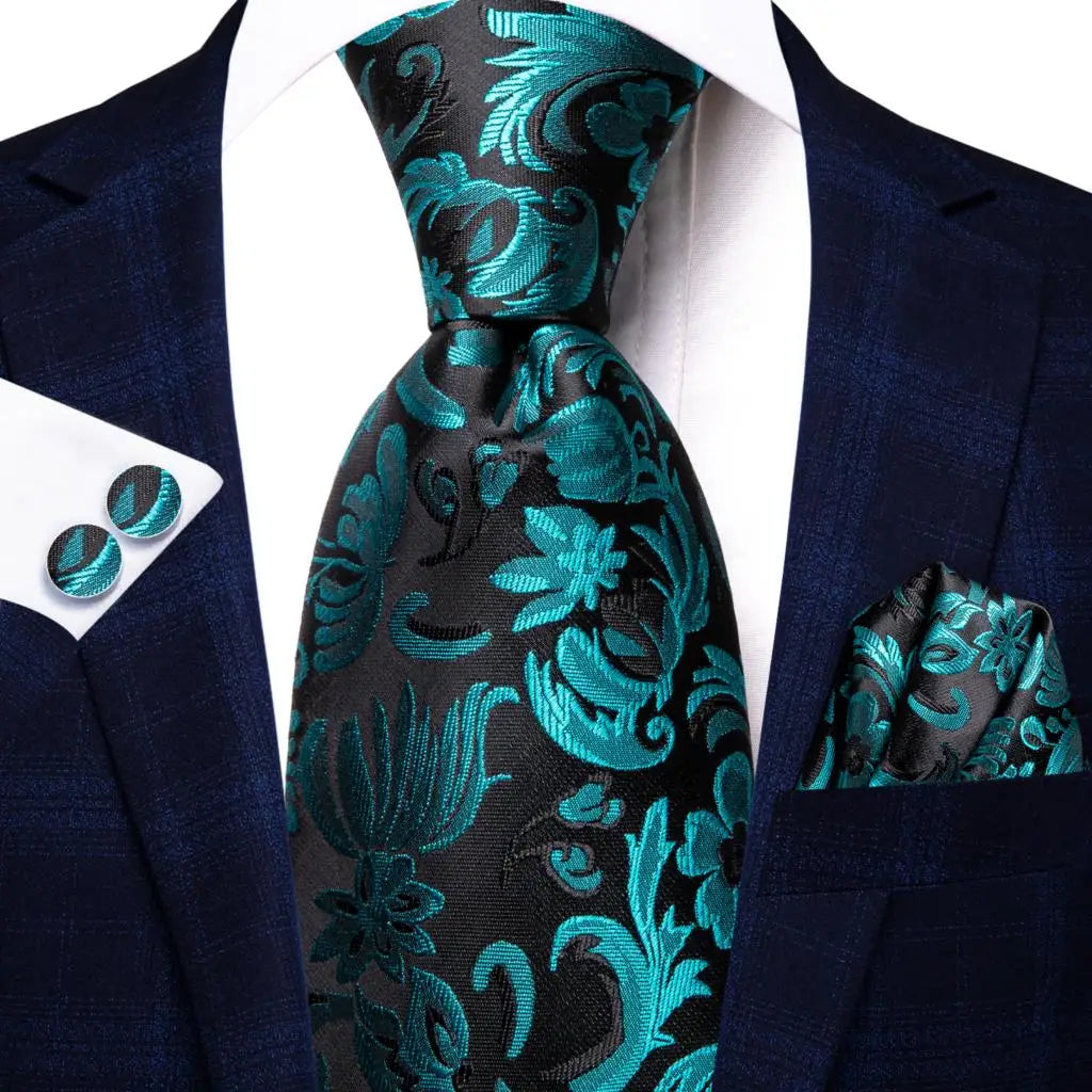 Hi-Tie Luxury Designer Peacock Blue Floral Silk Wedding Tie For Men Handky Cufflink Mens Necktie Fashion Business Party Dropship