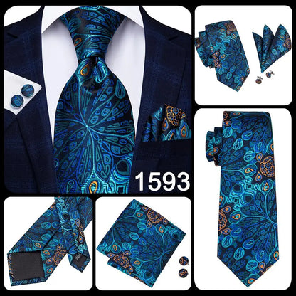 Hi-Tie Luxury Designer Peacock Blue Floral Silk Wedding Tie For Men Handky Cufflink Mens Necktie Fashion Business Party Dropship