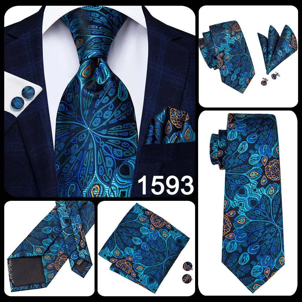 Hi-Tie Navy Blue Solid Paisley Silk Wedding Tie For Men Hanky Cufflink Mens Necktie Set Business Party New Design Dropshipping