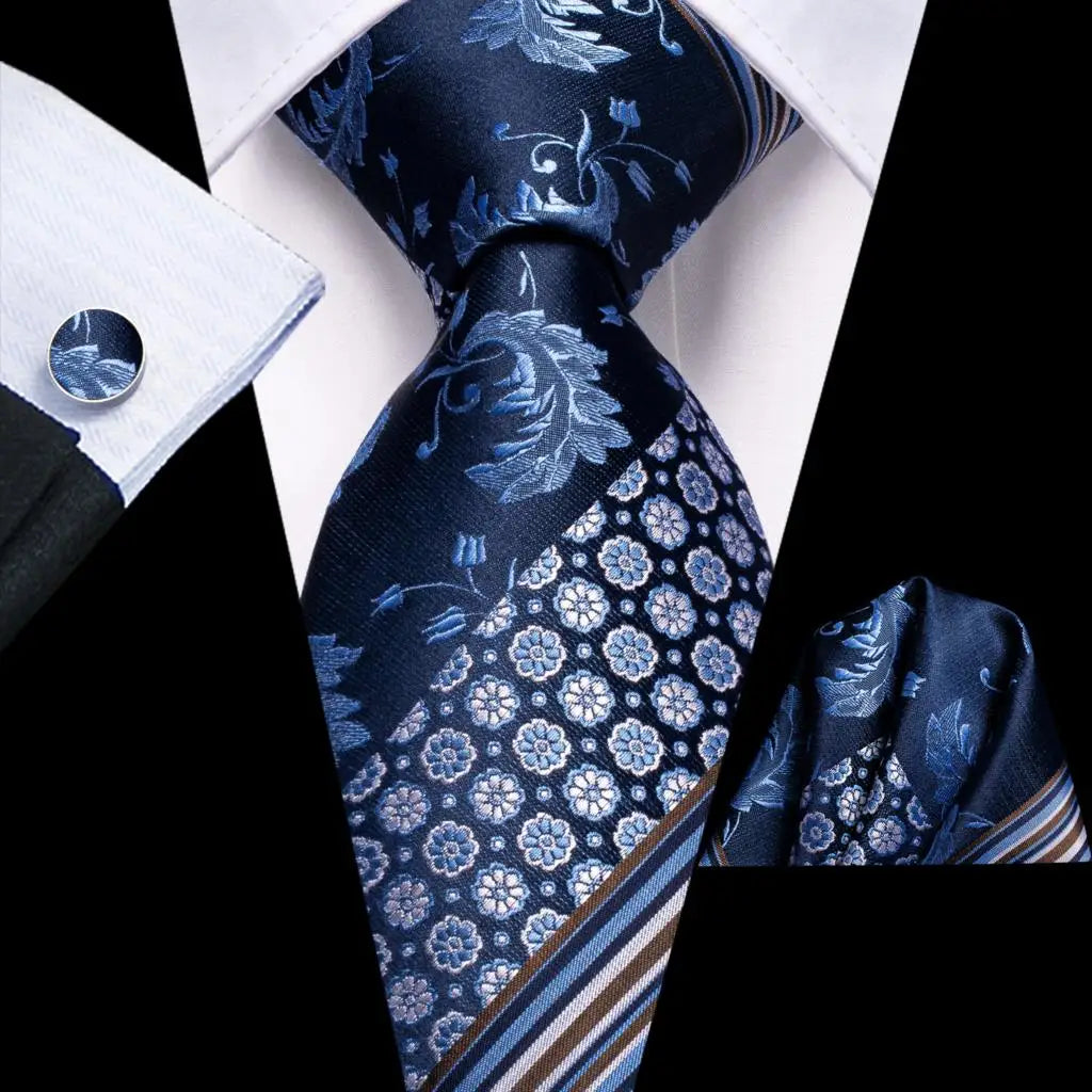 Hi-Tie Navy Blue Solid Paisley Silk Wedding Tie For Men Hanky Cufflink Mens Necktie Set Business Party New Design Dropshipping