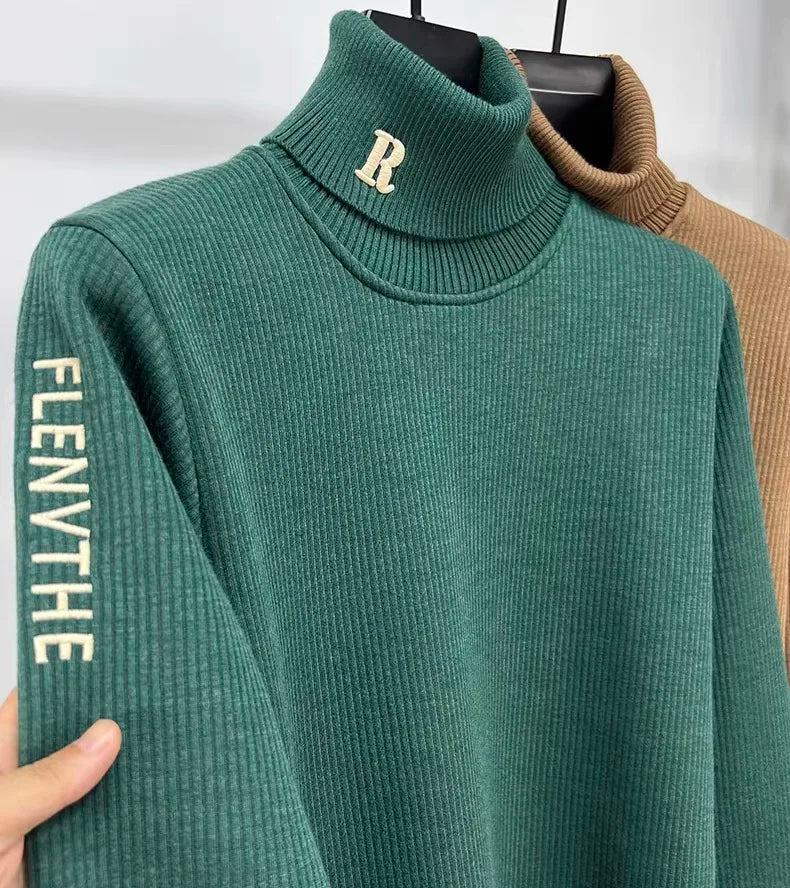 High end brand trend letter embroidery knitted sweater men's autumn winter new plush thickened casual warm high collar pullover