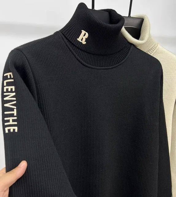 High end brand trend letter embroidery knitted sweater men's autumn winter new plush thickened casual warm high collar pullover