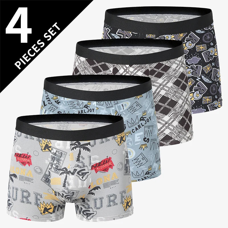 4 Pack European and American Size MEN'S Printed Fashion Boyshort Comfortable MEN'S Waist plus Size Underwear Sexy Swimming Trunk