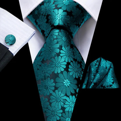 Hi-Tie Luxury Designer Peacock Blue Floral Silk Wedding Tie For Men Handky Cufflink Mens Necktie Fashion Business Party Dropship