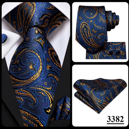 Hi-Tie Navy Blue Solid Paisley Silk Wedding Tie For Men Hanky Cufflink Mens Necktie Set Business Party New Design Dropshipping