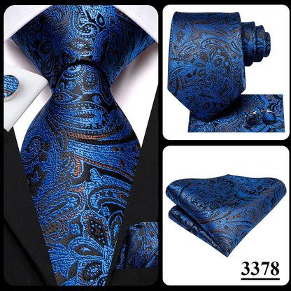 Hi-Tie Navy Blue Solid Paisley Silk Wedding Tie For Men Hanky Cufflink Mens Necktie Set Business Party New Design Dropshipping