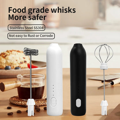 2 In 1 Electric Milk Frother + Egg Beater Wireless Type-C Charging 3 Speeds Mini Handheld Foam Maker Coffee Whisk Cooking Tools