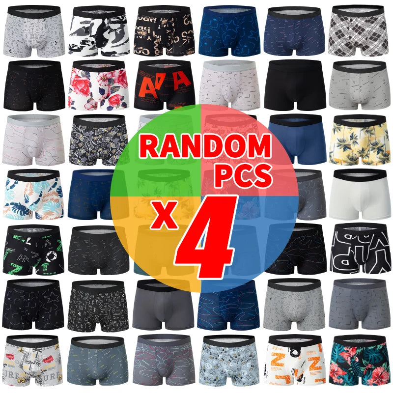 4 Pack European and American Size MEN'S Printed Fashion Boyshort Comfortable MEN'S Waist plus Size Underwear Sexy Swimming Trunk