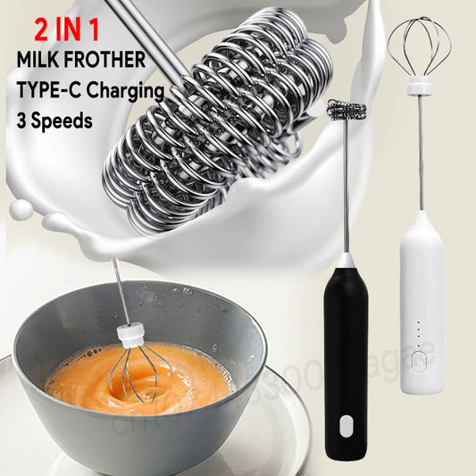 2 In 1 Electric Milk Frother + Egg Beater Wireless Type-C Charging 3 Speeds Mini Handheld Foam Maker Coffee Whisk Cooking Tools