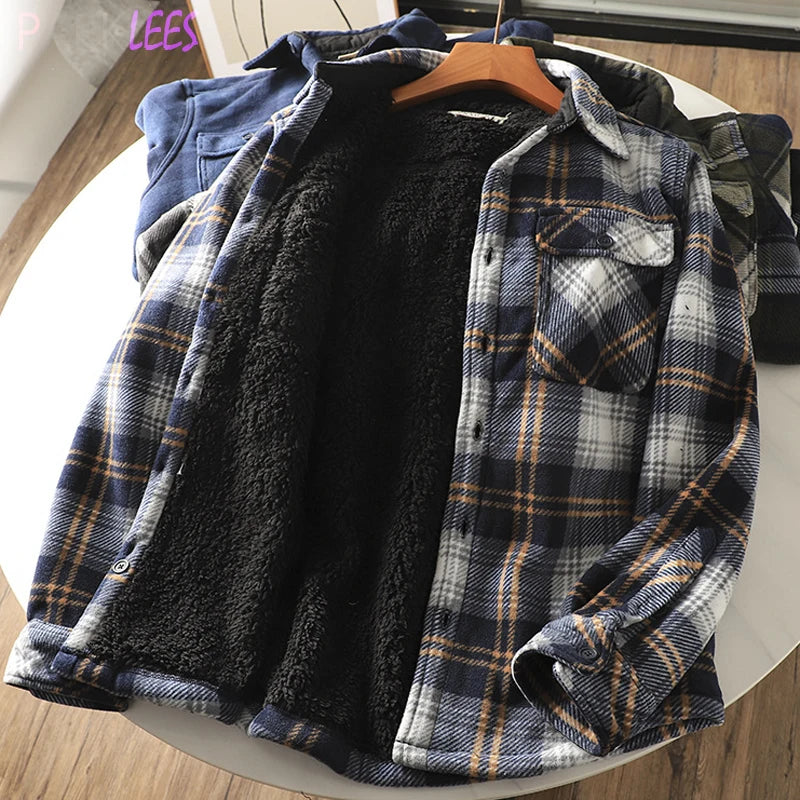 Mens Winter Fleece Linend Warm Plaid Shirt Jacket Casual Long Sleeve Flannel Checked Shirt Men Western Cowboy Button Up Chemise