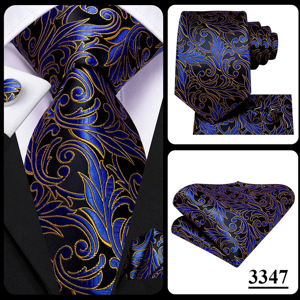 Hi-Tie Navy Blue Solid Paisley Silk Wedding Tie For Men Hanky Cufflink Mens Necktie Set Business Party New Design Dropshipping