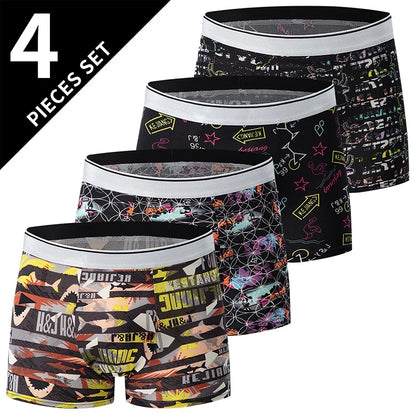 4 Pack European and American Size MEN'S Printed Fashion Boyshort Comfortable MEN'S Waist plus Size Underwear Sexy Swimming Trunk