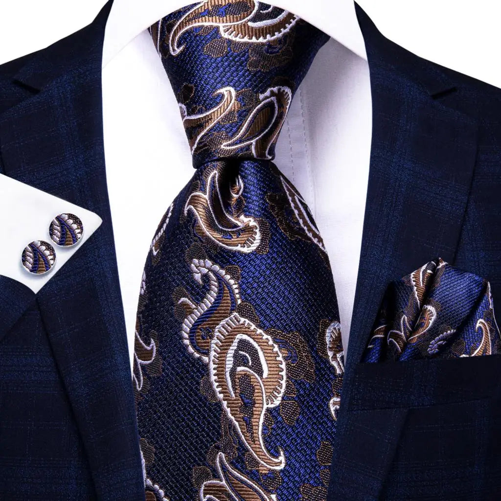 Hi-Tie Navy Blue Solid Paisley Silk Wedding Tie For Men Hanky Cufflink Mens Necktie Set Business Party New Design Dropshipping