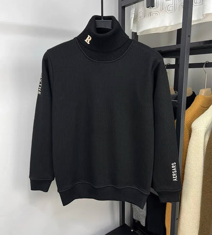 High end brand trend letter embroidery knitted sweater men's autumn winter new plush thickened casual warm high collar pullover