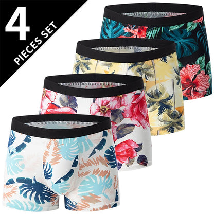 4 Pack European and American Size MEN'S Printed Fashion Boyshort Comfortable MEN'S Waist plus Size Underwear Sexy Swimming Trunk