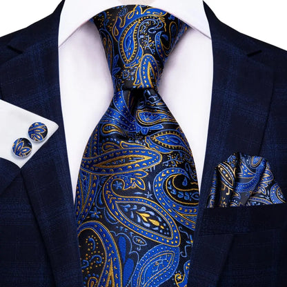 Hi-Tie Navy Blue Solid Paisley Silk Wedding Tie For Men Hanky Cufflink Mens Necktie Set Business Party New Design Dropshipping