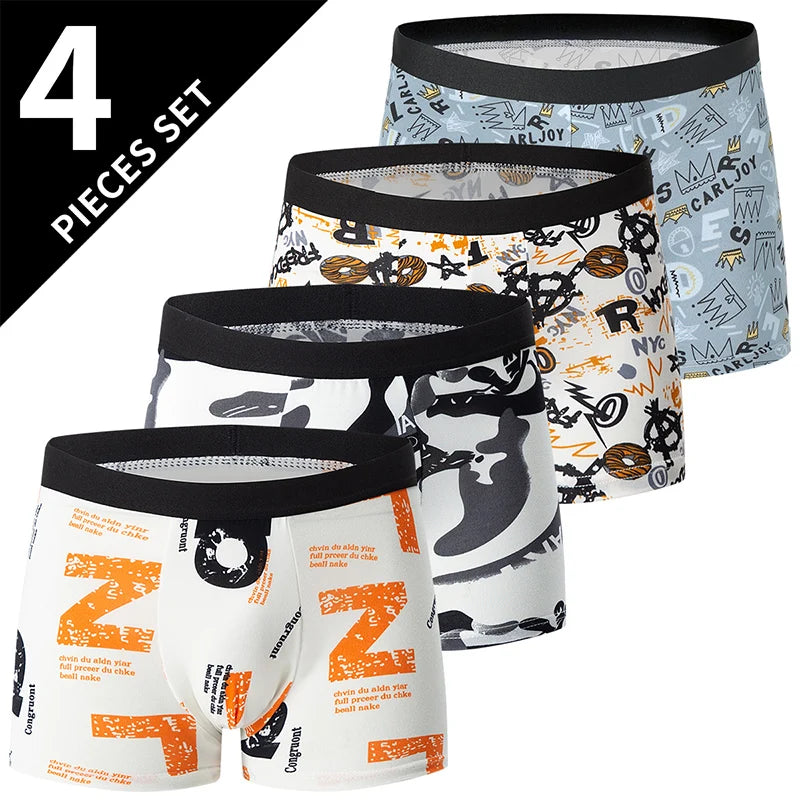 4 Pack European and American Size MEN'S Printed Fashion Boyshort Comfortable MEN'S Waist plus Size Underwear Sexy Swimming Trunk