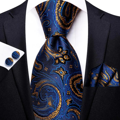 Hi-Tie Navy Blue Solid Paisley Silk Wedding Tie For Men Hanky Cufflink Mens Necktie Set Business Party New Design Dropshipping