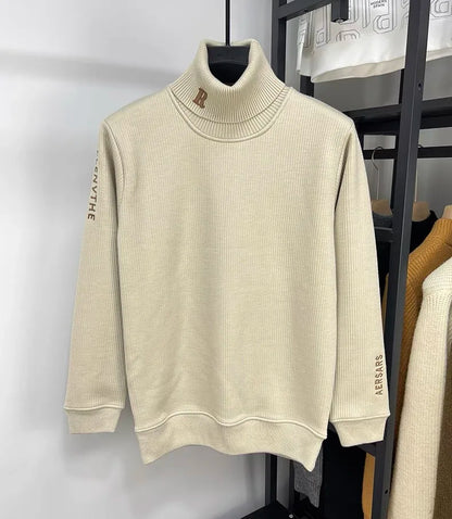 High end brand trend letter embroidery knitted sweater men's autumn winter new plush thickened casual warm high collar pullover