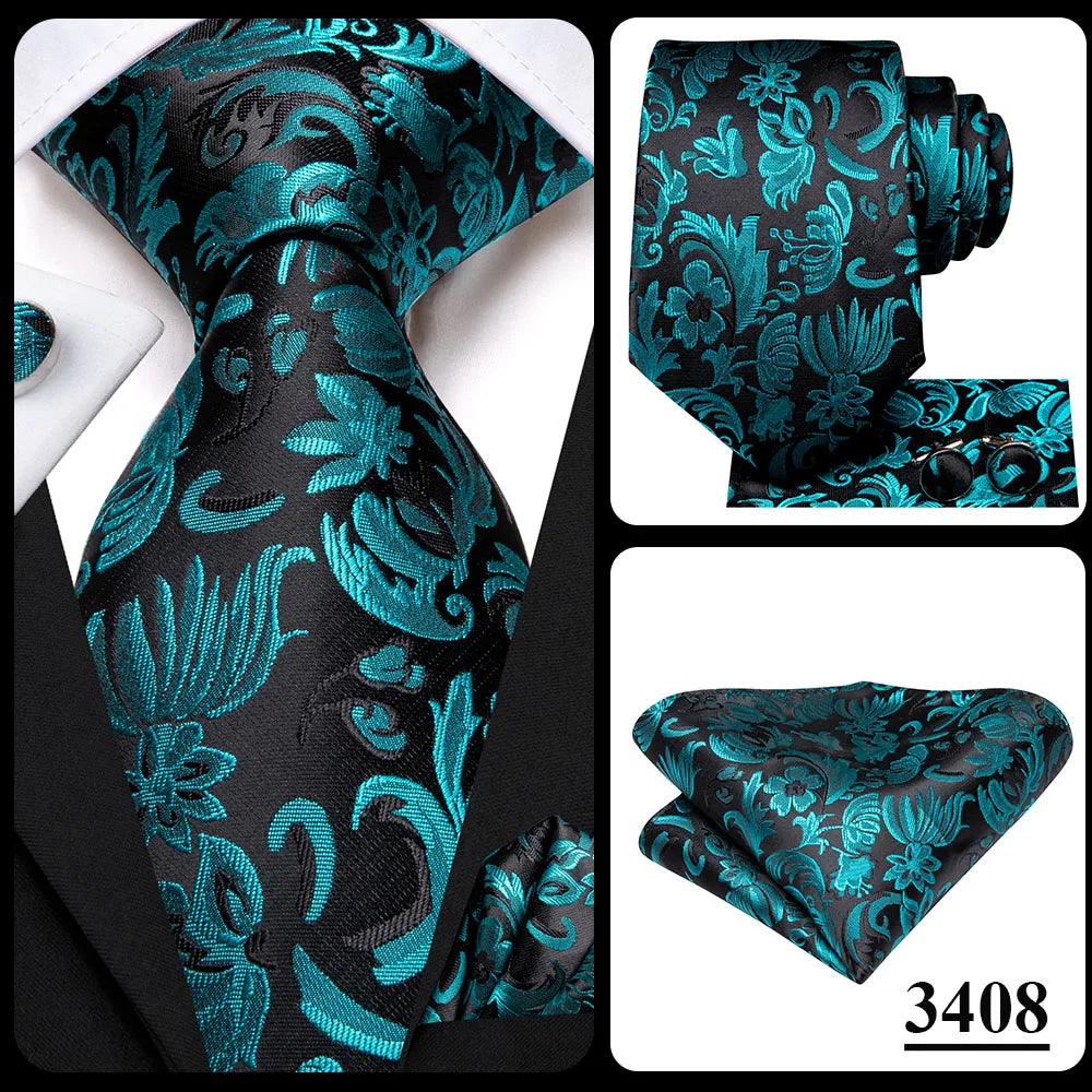 Hi-Tie Luxury Designer Peacock Blue Floral Silk Wedding Tie For Men Handky Cufflink Mens Necktie Fashion Business Party Dropship