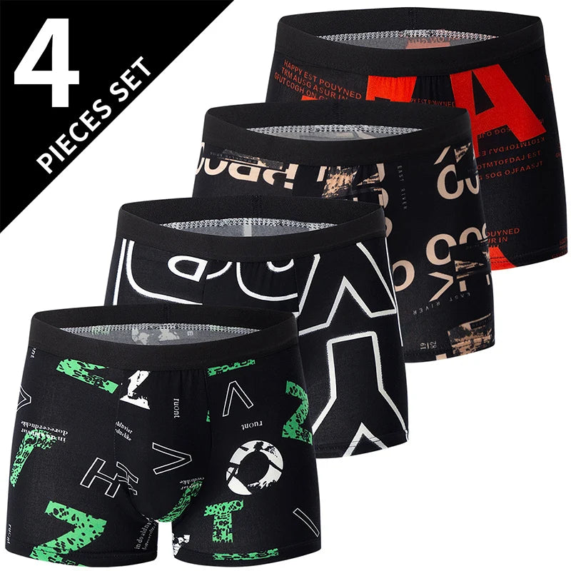 4 Pack European and American Size MEN'S Printed Fashion Boyshort Comfortable MEN'S Waist plus Size Underwear Sexy Swimming Trunk