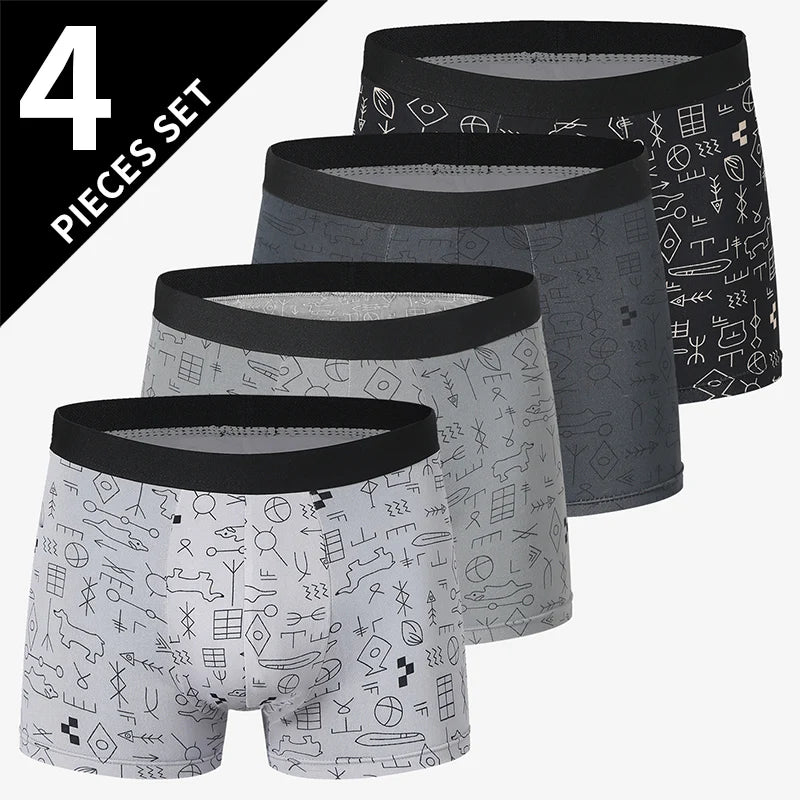 4 Pack European and American Size MEN'S Printed Fashion Boyshort Comfortable MEN'S Waist plus Size Underwear Sexy Swimming Trunk