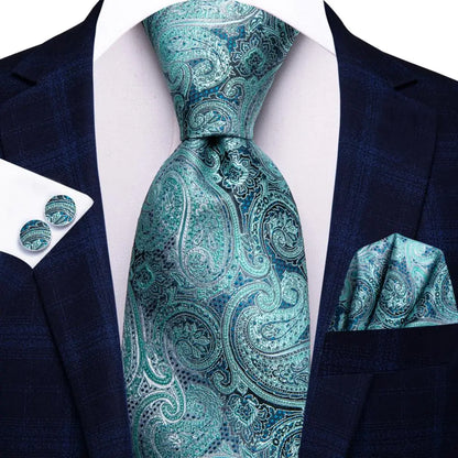 Hi-Tie Luxury Designer Peacock Blue Floral Silk Wedding Tie For Men Handky Cufflink Mens Necktie Fashion Business Party Dropship