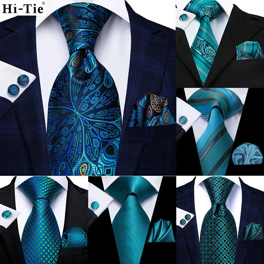 Hi-Tie Luxury Designer Peacock Blue Floral Silk Wedding Tie For Men Handky Cufflink Mens Necktie Fashion Business Party Dropship