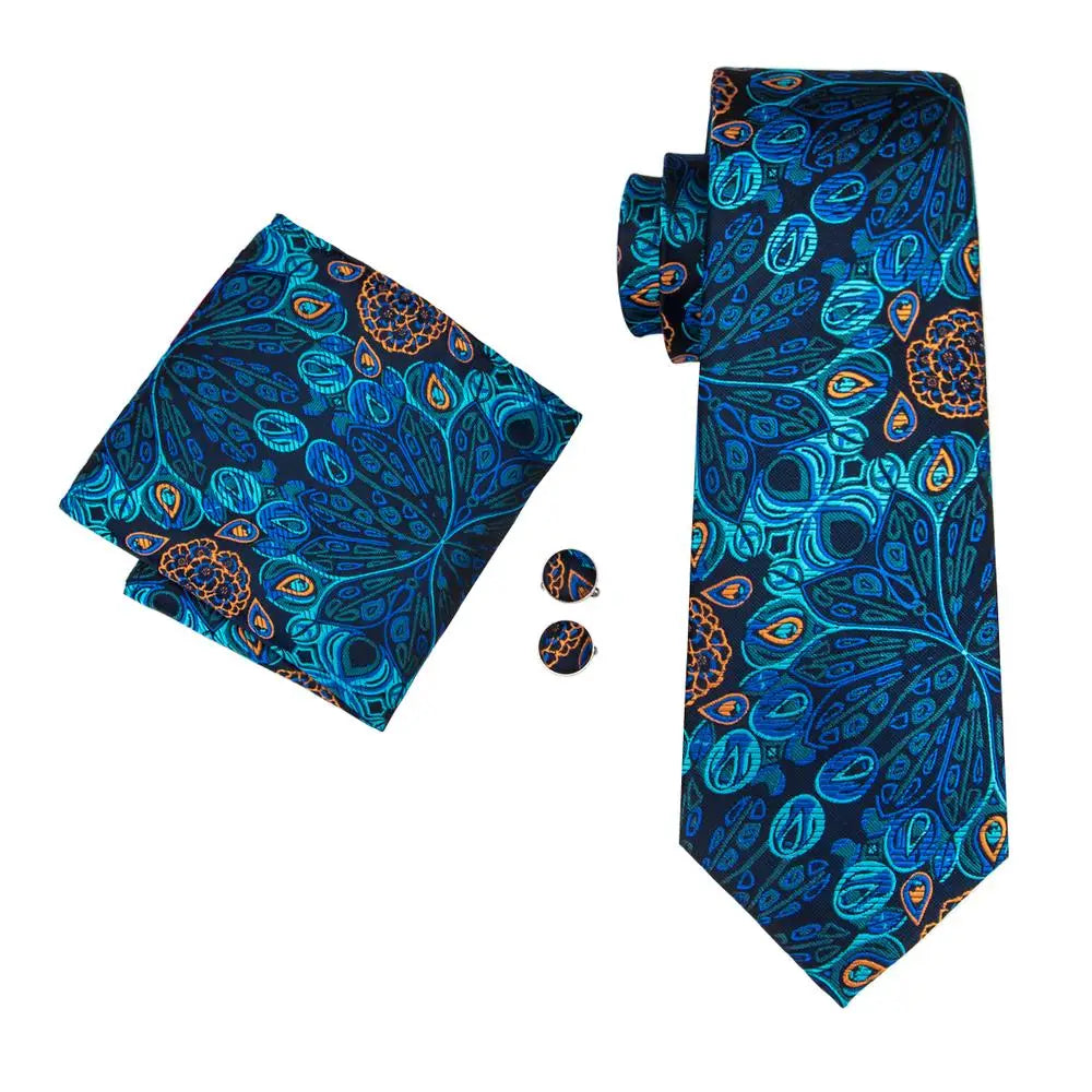 Hi-Tie Luxury Designer Peacock Blue Floral Silk Wedding Tie For Men Handky Cufflink Mens Necktie Fashion Business Party Dropship