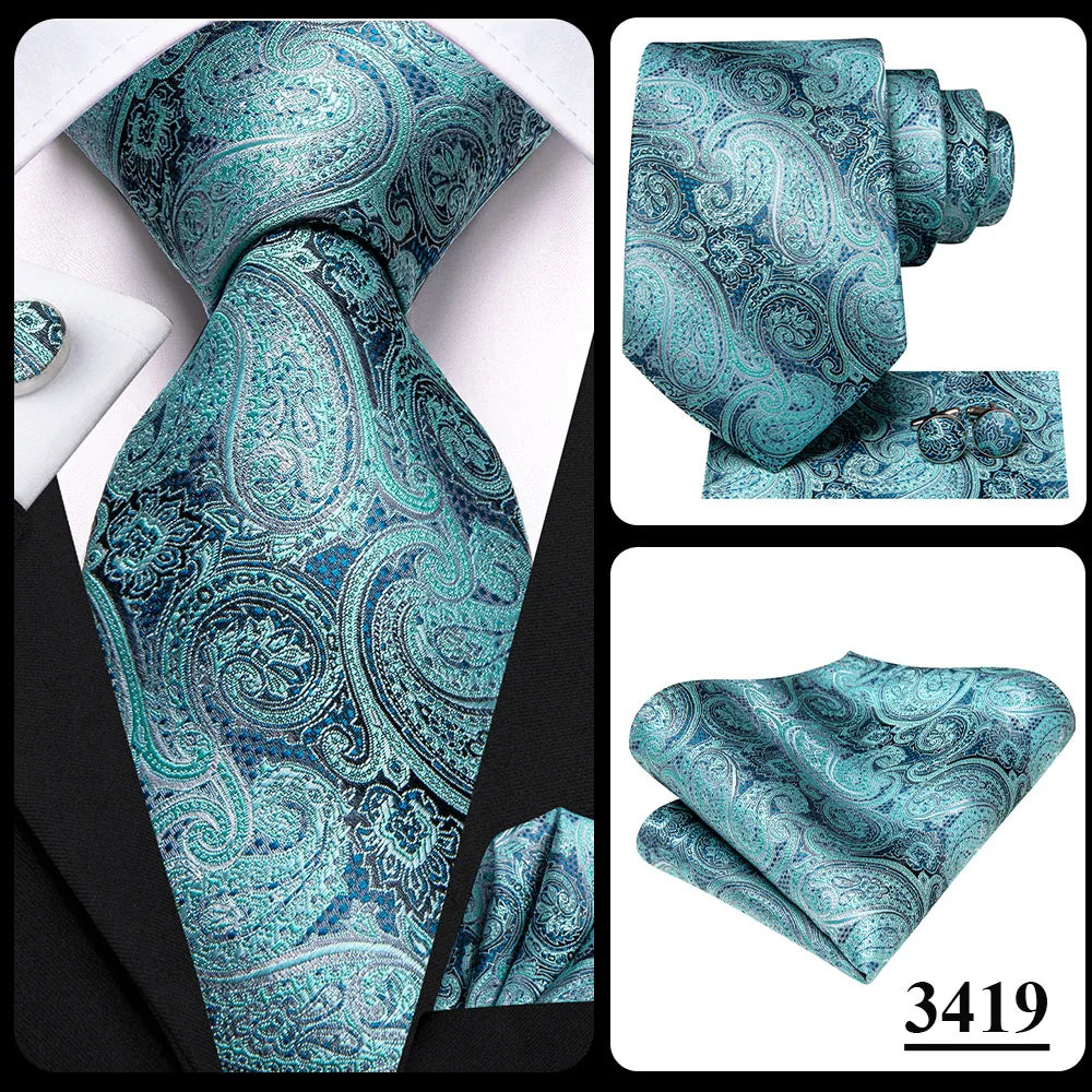 Hi-Tie Luxury Designer Peacock Blue Floral Silk Wedding Tie For Men Handky Cufflink Mens Necktie Fashion Business Party Dropship