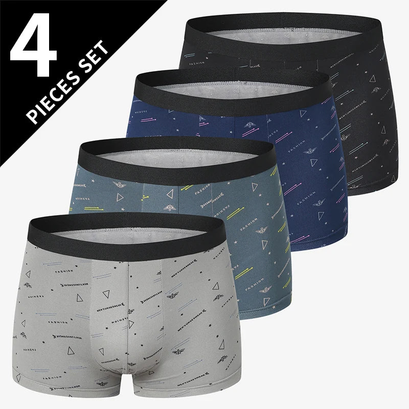 4 Pack European and American Size MEN'S Printed Fashion Boyshort Comfortable MEN'S Waist plus Size Underwear Sexy Swimming Trunk