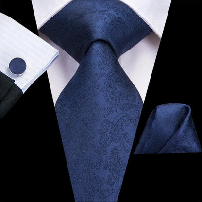 Hi-Tie Navy Blue Solid Paisley Silk Wedding Tie For Men Hanky Cufflink Mens Necktie Set Business Party New Design Dropshipping