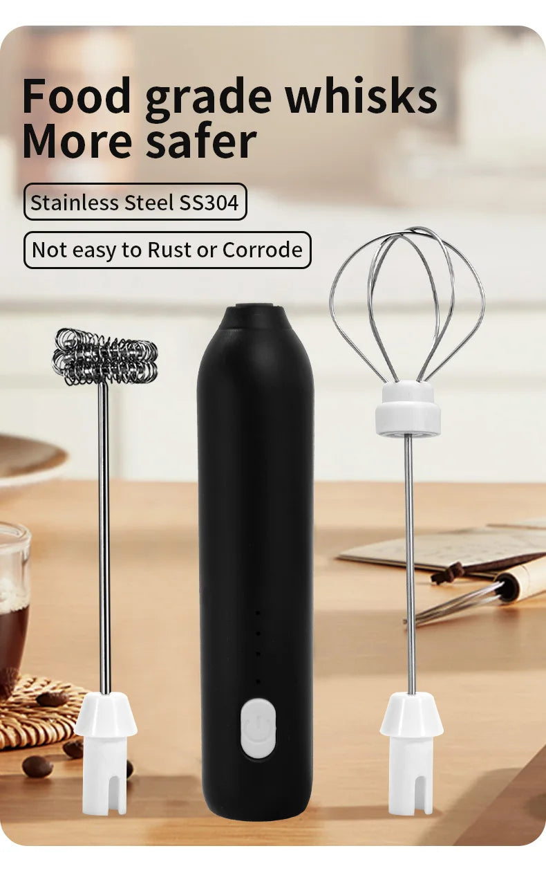 2 In 1 Electric Milk Frother + Egg Beater Wireless Type-C Charging 3 Speeds Mini Handheld Foam Maker Coffee Whisk Cooking Tools