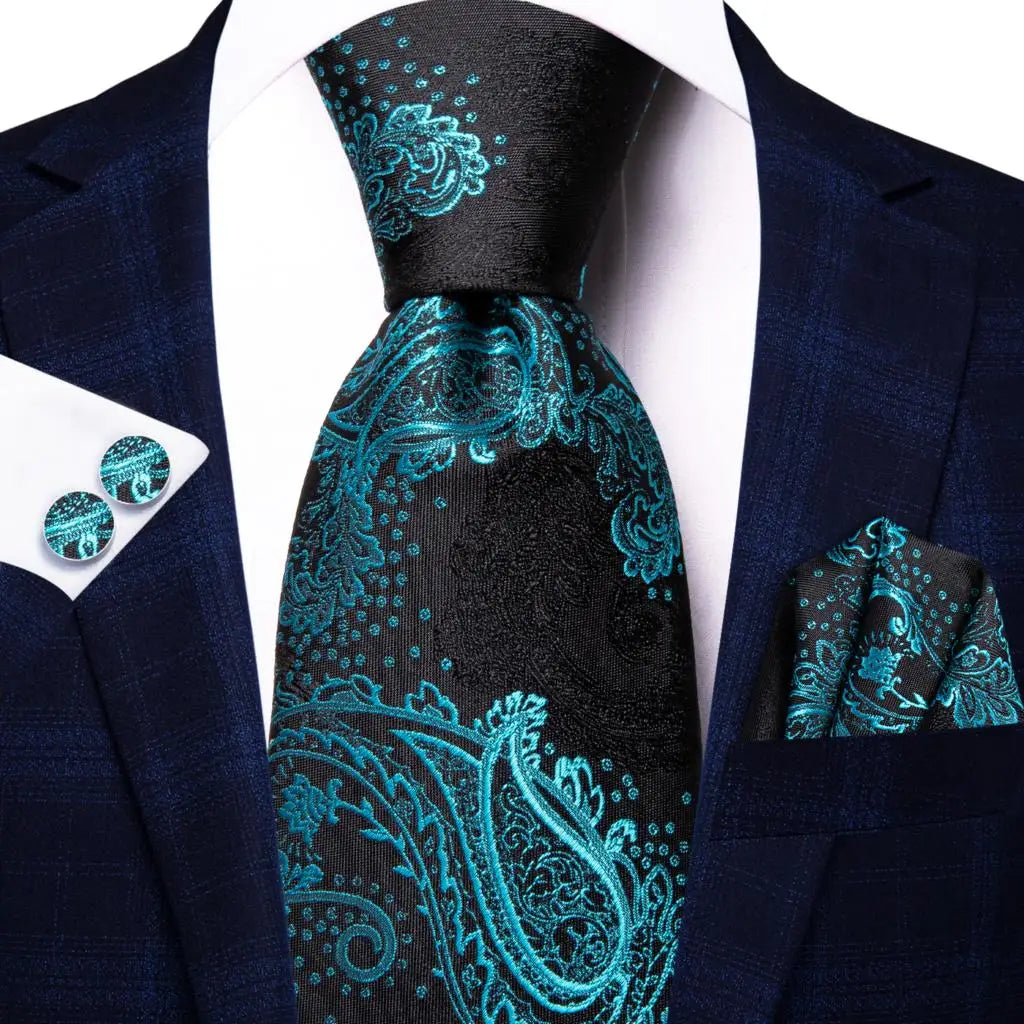 Hi-Tie Luxury Designer Peacock Blue Floral Silk Wedding Tie For Men Handky Cufflink Mens Necktie Fashion Business Party Dropship