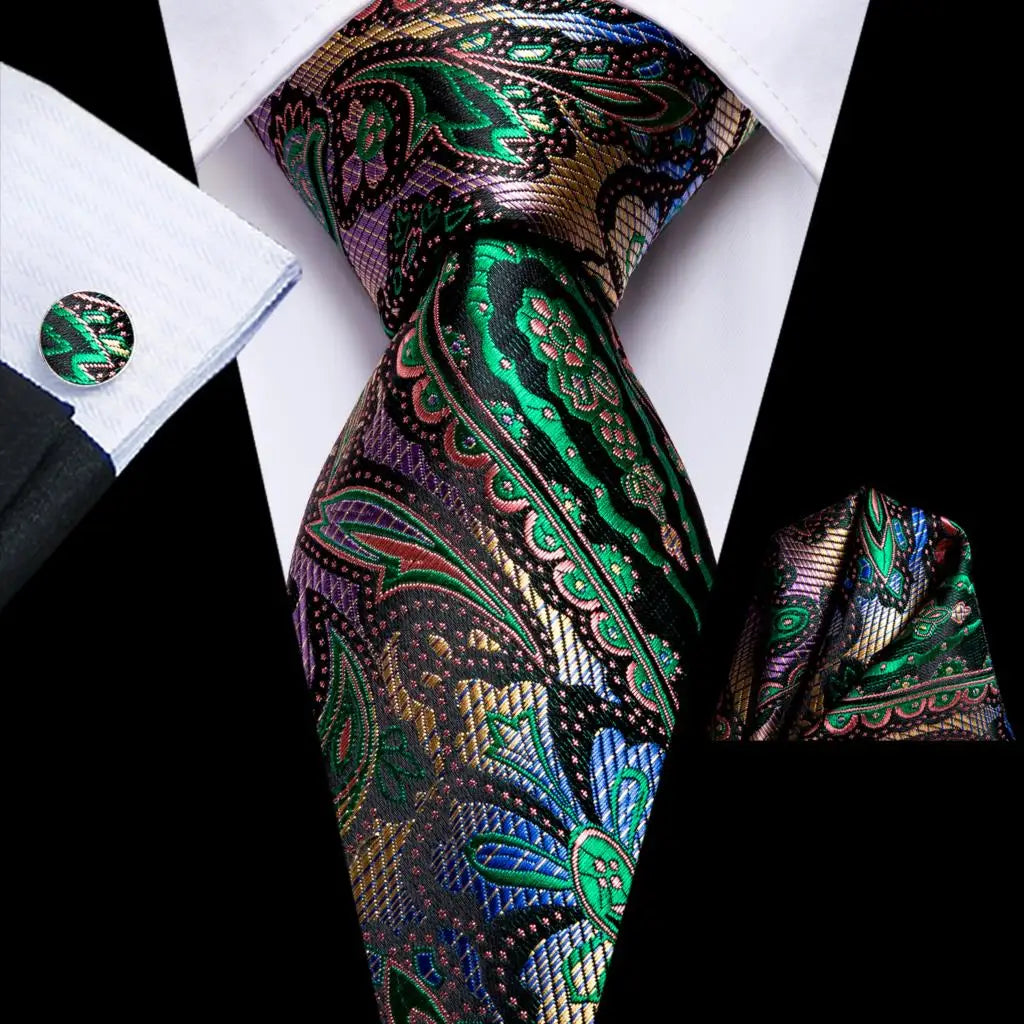 Hi-Tie Luxury Designer Peacock Blue Floral Silk Wedding Tie For Men Handky Cufflink Mens Necktie Fashion Business Party Dropship