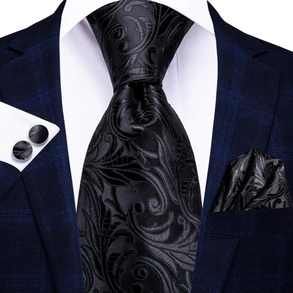 Hi-Tie Navy Blue Solid Paisley Silk Wedding Tie For Men Hanky Cufflink Mens Necktie Set Business Party New Design Dropshipping