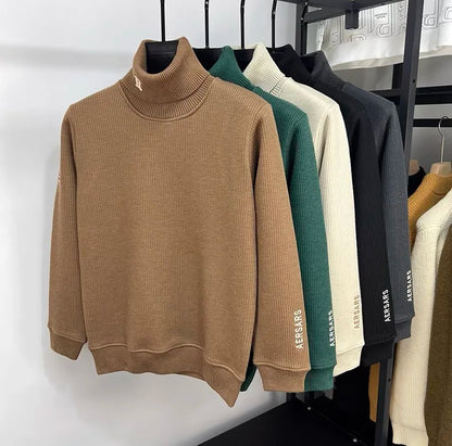 High end brand trend letter embroidery knitted sweater men's autumn winter new plush thickened casual warm high collar pullover