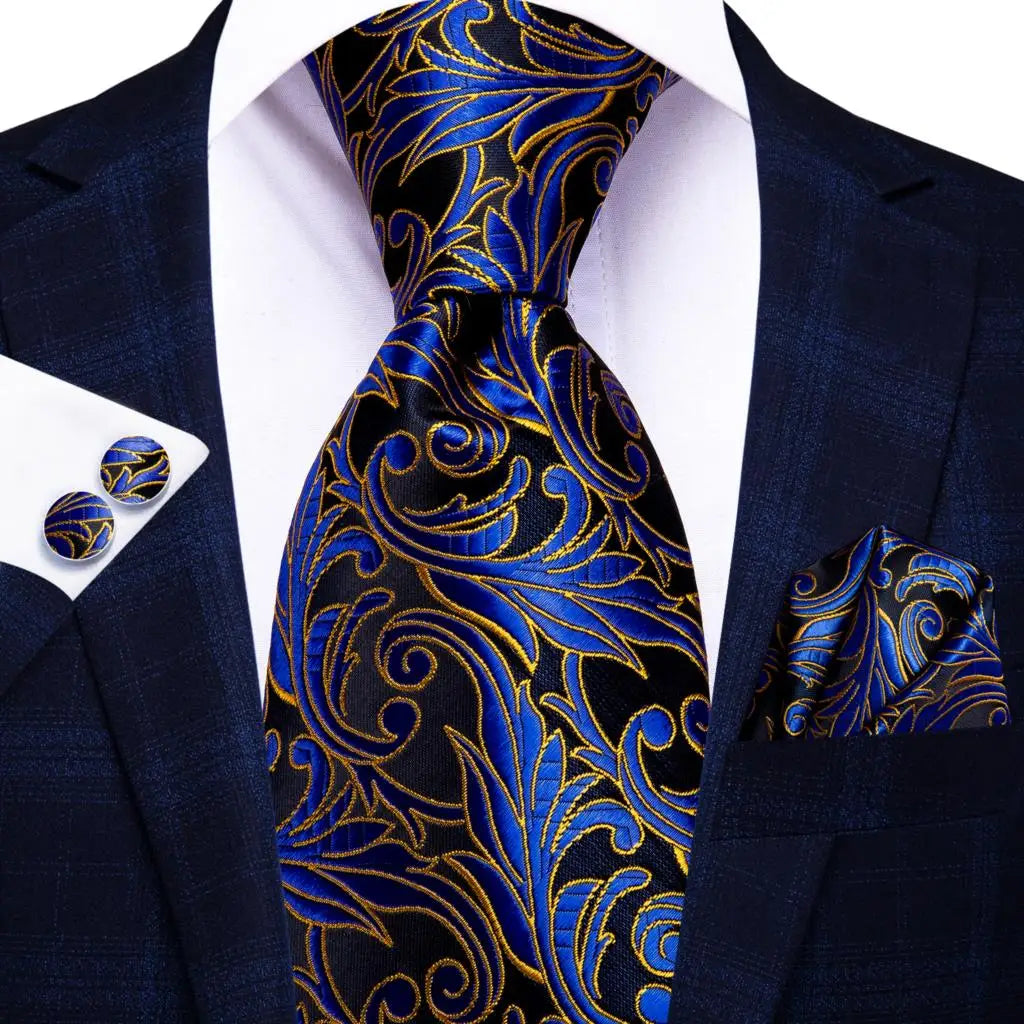 Hi-Tie Navy Blue Solid Paisley Silk Wedding Tie For Men Hanky Cufflink Mens Necktie Set Business Party New Design Dropshipping