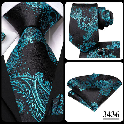 Hi-Tie Luxury Designer Peacock Blue Floral Silk Wedding Tie For Men Handky Cufflink Mens Necktie Fashion Business Party Dropship